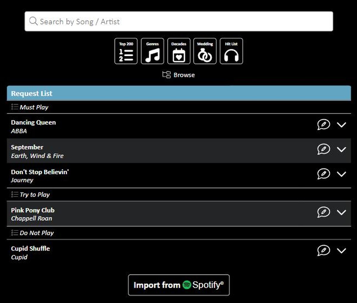 Sample of the playlist builder inside the client area. A search box sits above shortcut buttons for Top 200, Genres, Decades, Wedding and Hit List. Below, the request list is grouped under three headings: Must Play, Try to Play and Do Not Play. There is an Import from Spotify button at the foot.